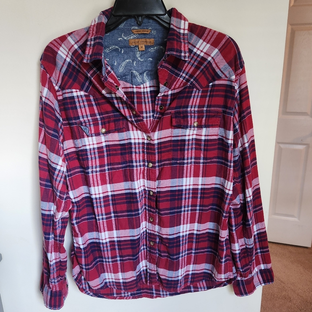 Jachs Girlfriend Red Blue Plaid Paisley Button Up Flannel Womens Shirt Size M